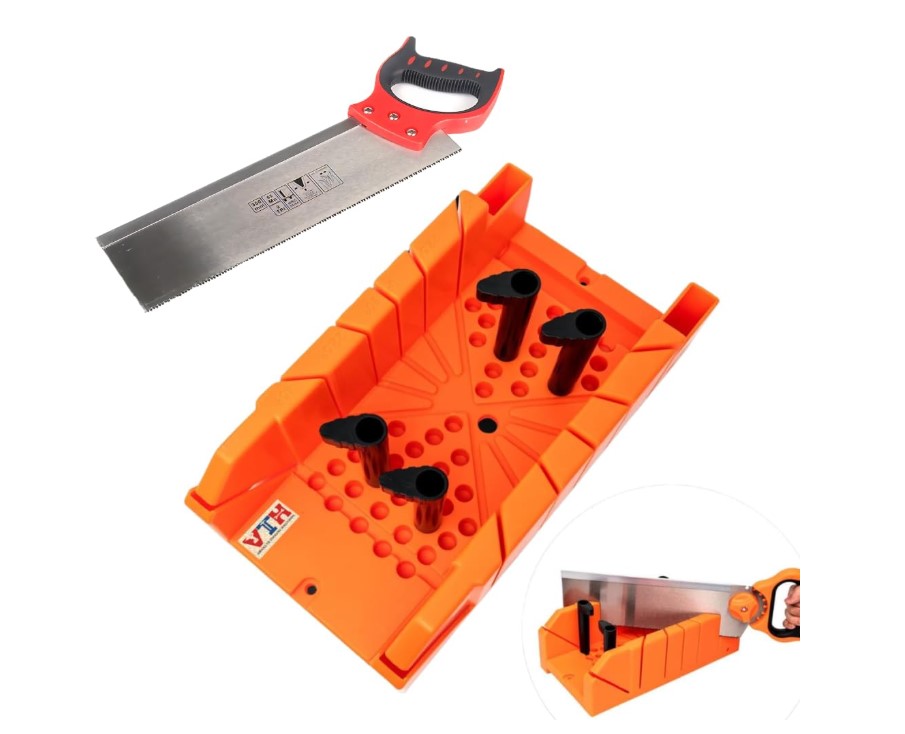 Mitre Box 4pcs Set with Saw – Professional Modular 45°/90°/22.5° Angle Guide System | Extension Arms, Adjustable Pins, 24TPI Back Saw Included | UAE Picture Frame Cabinetry Precision Cutting Kit 